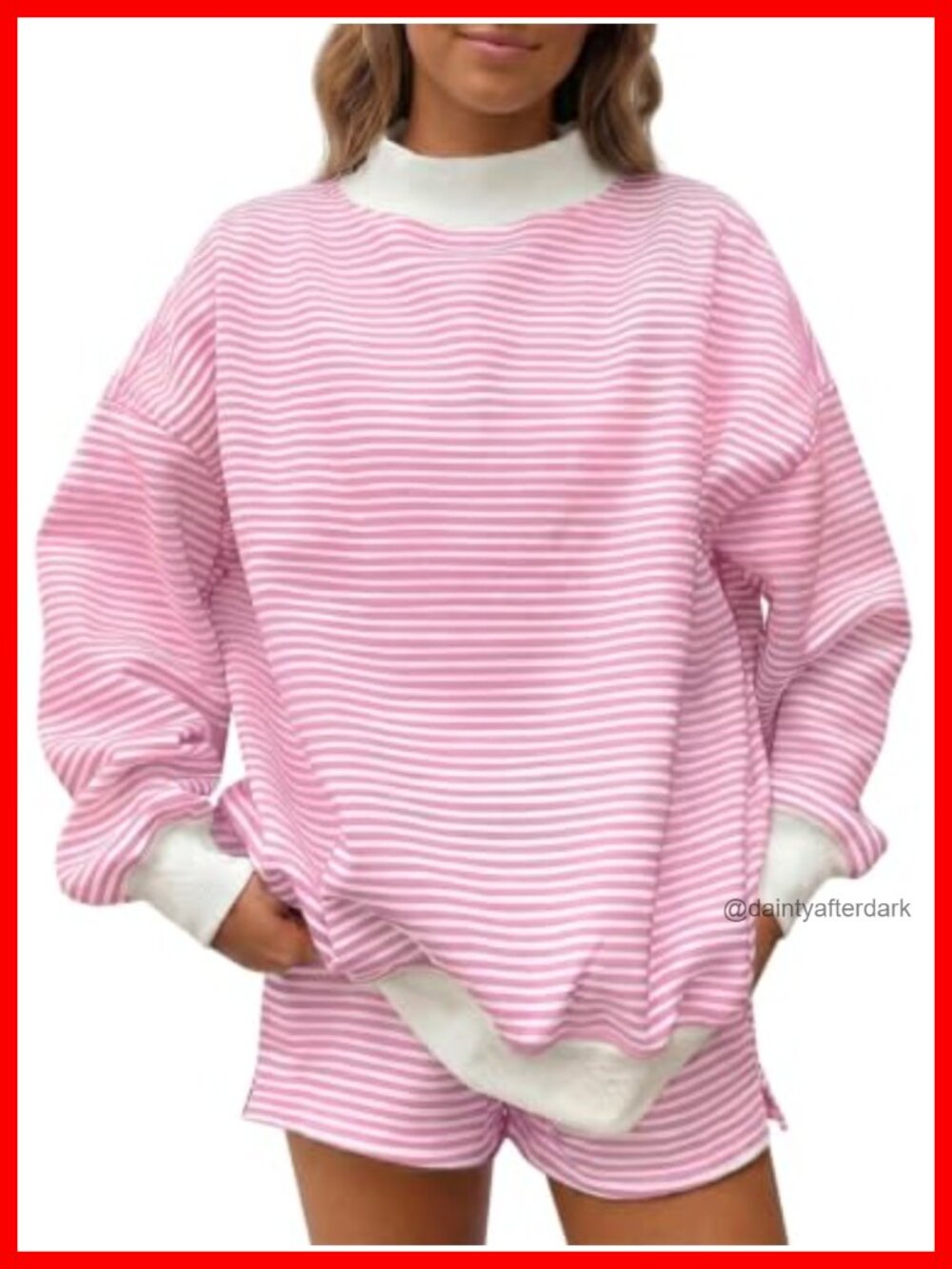 Striped 2 Piece Short Set Mock Neck Lantern Sleeve Lounge